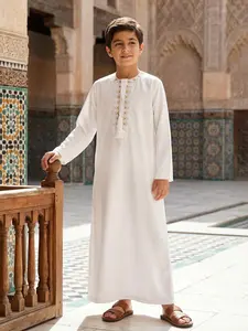 Oman Muslim Boys Traditional Dishdasha, Embroidered Collar Zipper Fringe Design, Suitable for 8-12 Years, Comfortable Fashion