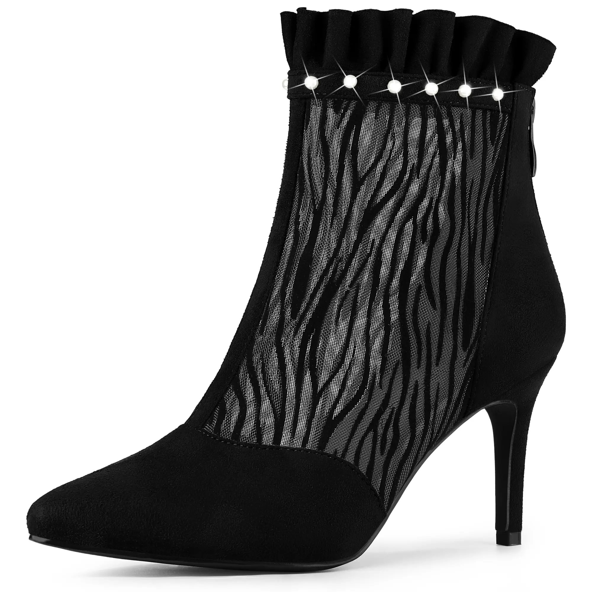 BLISSFUL STEP Mesh Stiletto High Heels Ruffle Prom Ankle Boots