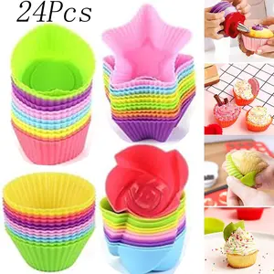 24 Pcs Reusable and Non-stick Silicone Baking Cups,Silicone Cupcake Liners,Easy Clean Pastry Muffin Molds,4 Shapes Muffin Cup Molds,for DIY Cupcake Tin Set