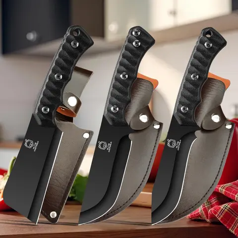 3-Piece Durable Stainless Steel Knives Kitchen Combo Set - Black Rust-Resistant Coating, Thick Textured Ergonomic Handle, High Hardness Blade, Non-Slip Grip, Outdoor Bone Remover, Sharp Meat Cutter, Portable Camping Fruit Tool
