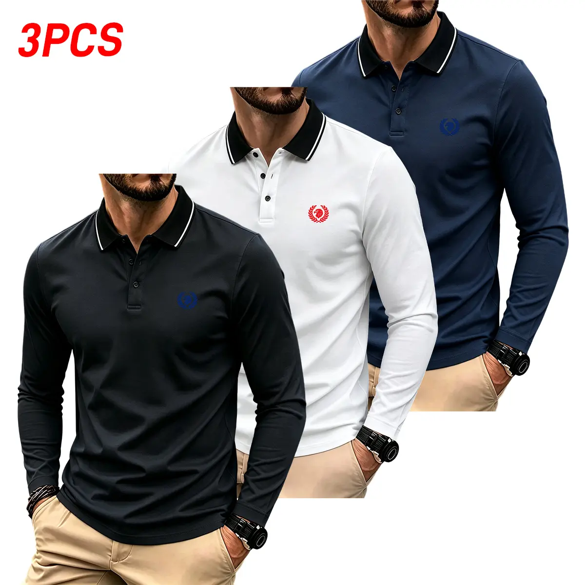 JOGWAVE 3PCS Men’s Long-Sleeve Polo Shirts, including long-sleeve quick-dry polo shirts suitable for golf and tennis; comfortable cycling apparel, 2026 new printed polo shirt design, a fall essential, Father’s Day gift recommendation.Men’s golf polo shirt