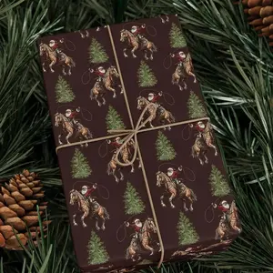Christmas Santa Wrapping Papers, Vintage Western Holiday Gift Wrap, Festive Xmas Trees Cowboy Gift Wrap