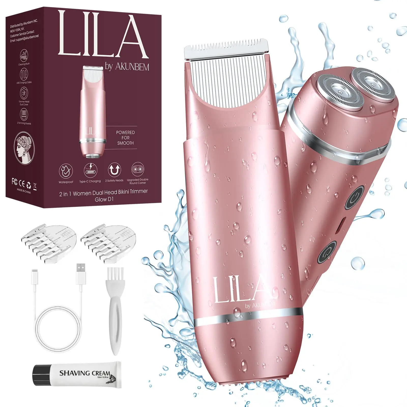 2 in 1 Women's Electric Shaver Dual Head Bikini Trimmer IPX7 Waterproof Wet Dry Use Body Hair Trimmer Facial Hair Remover for Bikini Underarm Leg Arm Body Face tiktokshopbacktoschool