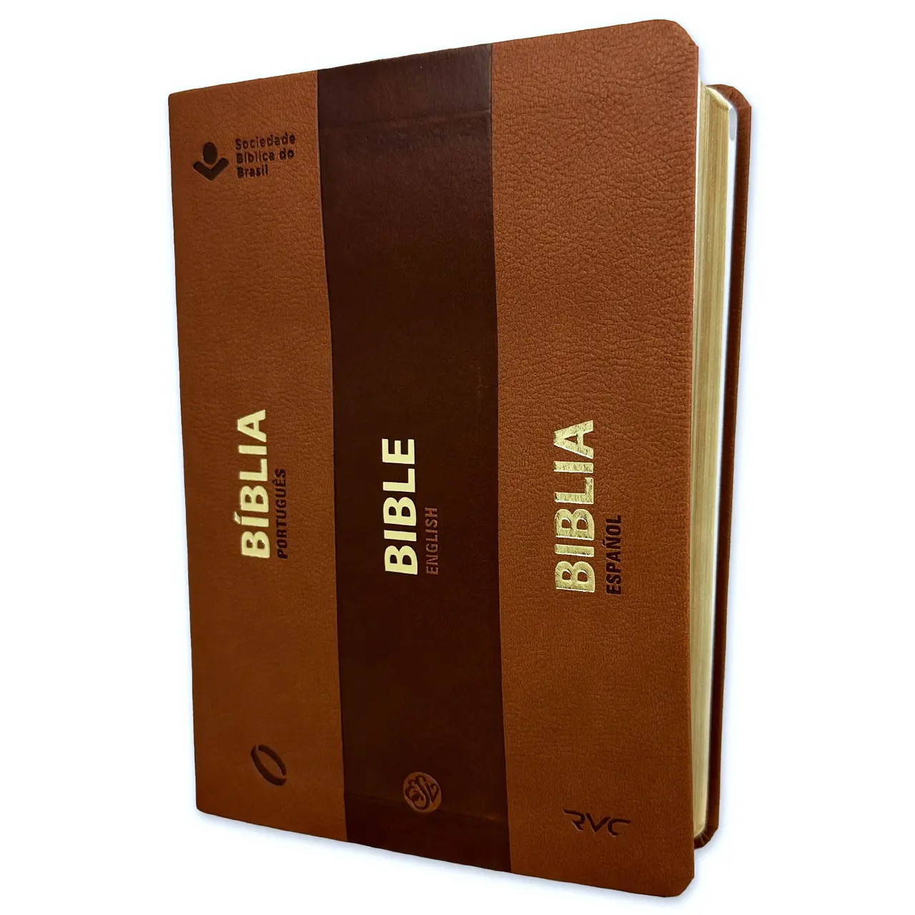 Trilingual Bible in Spanish  English Português Letter 5 points RVC ESV NAA Imitation Leather Brown