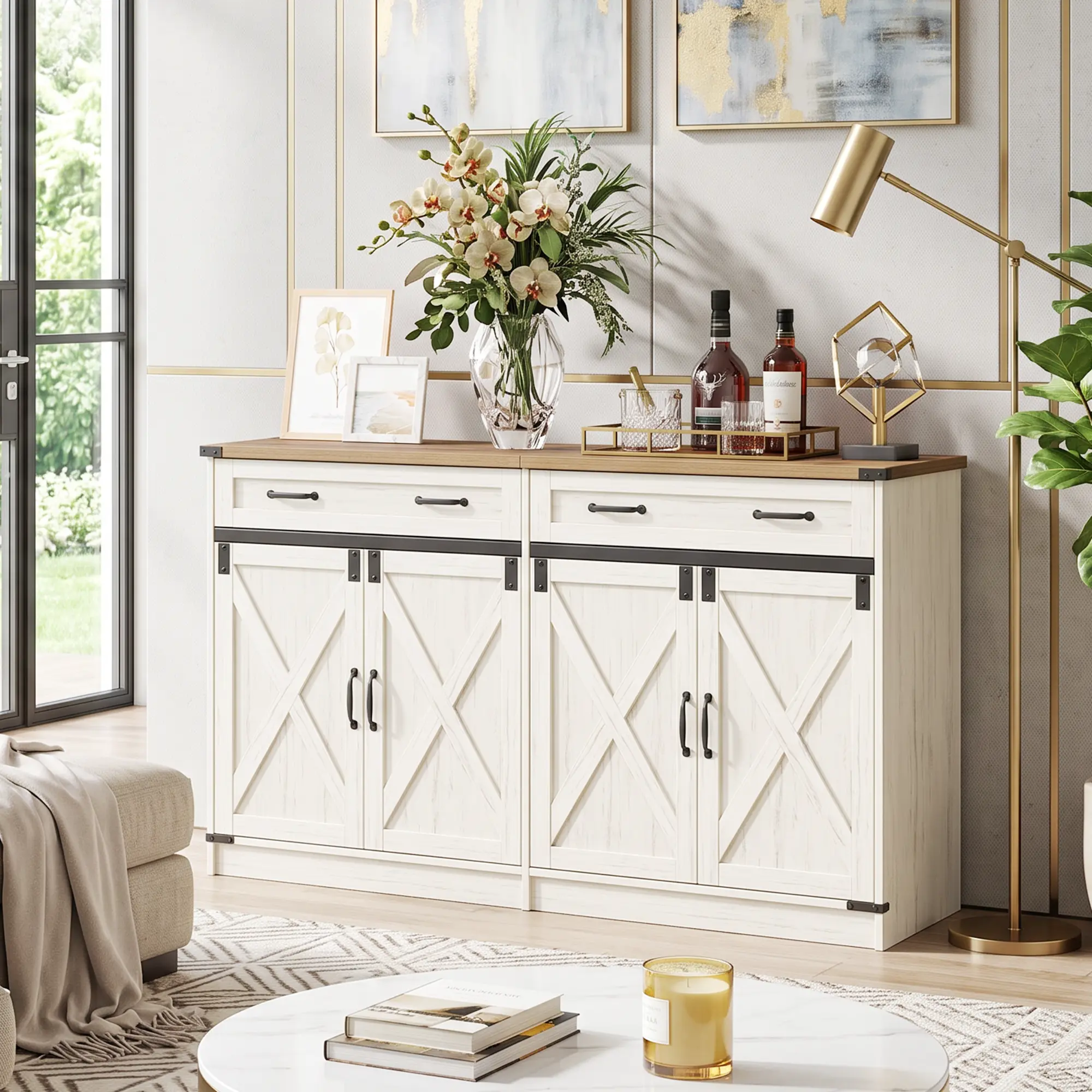 Hzuaneri Kitchen Storage Cabinet, Buffet Cabinet with Storage, Modern Farmhouse Sideboard Cabinets with Drawer, Coffee Bar Cabinets with Doors & Adjustable Shelves, for Kitchen