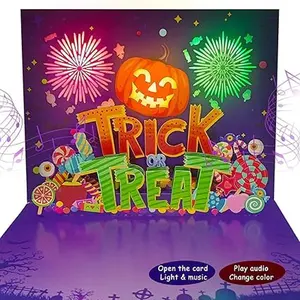 3D Pop Up Trick Or Treat Pumpkin Halloween Card, with light and music, For Kids, Friend, Boyfriend, Girlfriend, Husband, Him, Women - Skull, Ghost, Envelope