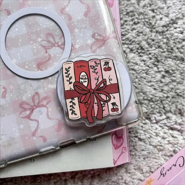 Cozy Romantic Books MagSafe Phone Grip, Stack of Pink & Red Novels with Bow Griptok, BookTok Aesthetic Phone Stand, Reader Gift