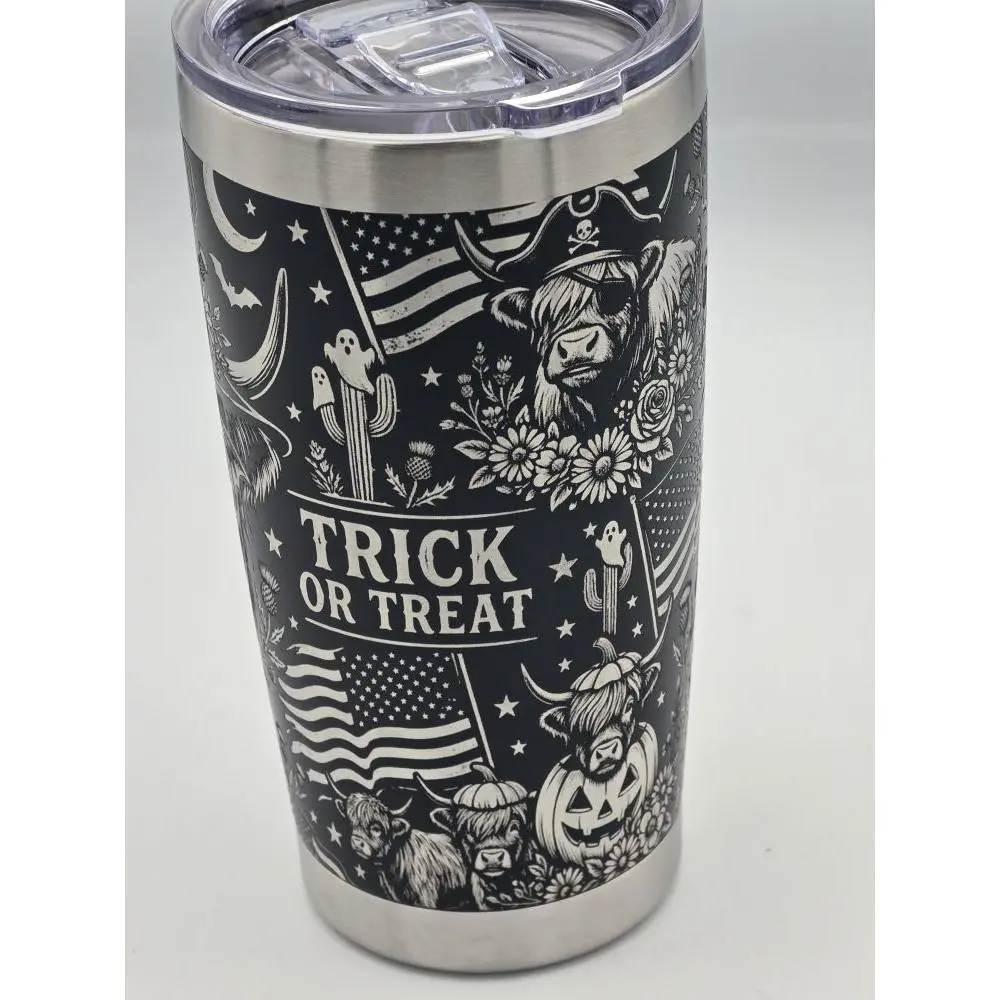 Custom Laser Engraved 20oz Stainless Tumbler with Trick or Treat Design and American Flag Motif