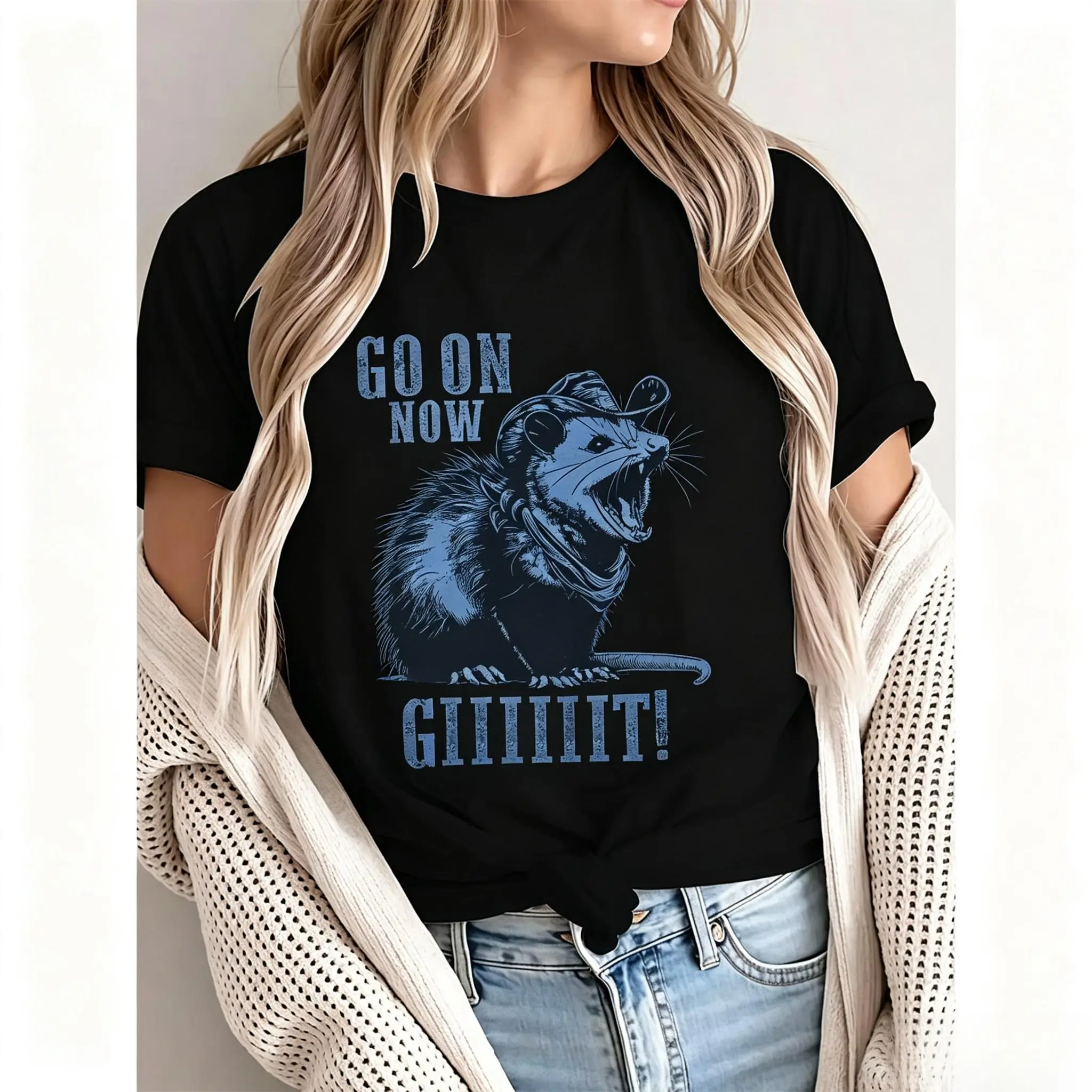Vintage Sarcastic Western Tee Go On Now GIIIT Opossum Graphic Tshirt Funny Southern Redneck T-Shirt Casual Womenswear Lightweight Crewneck