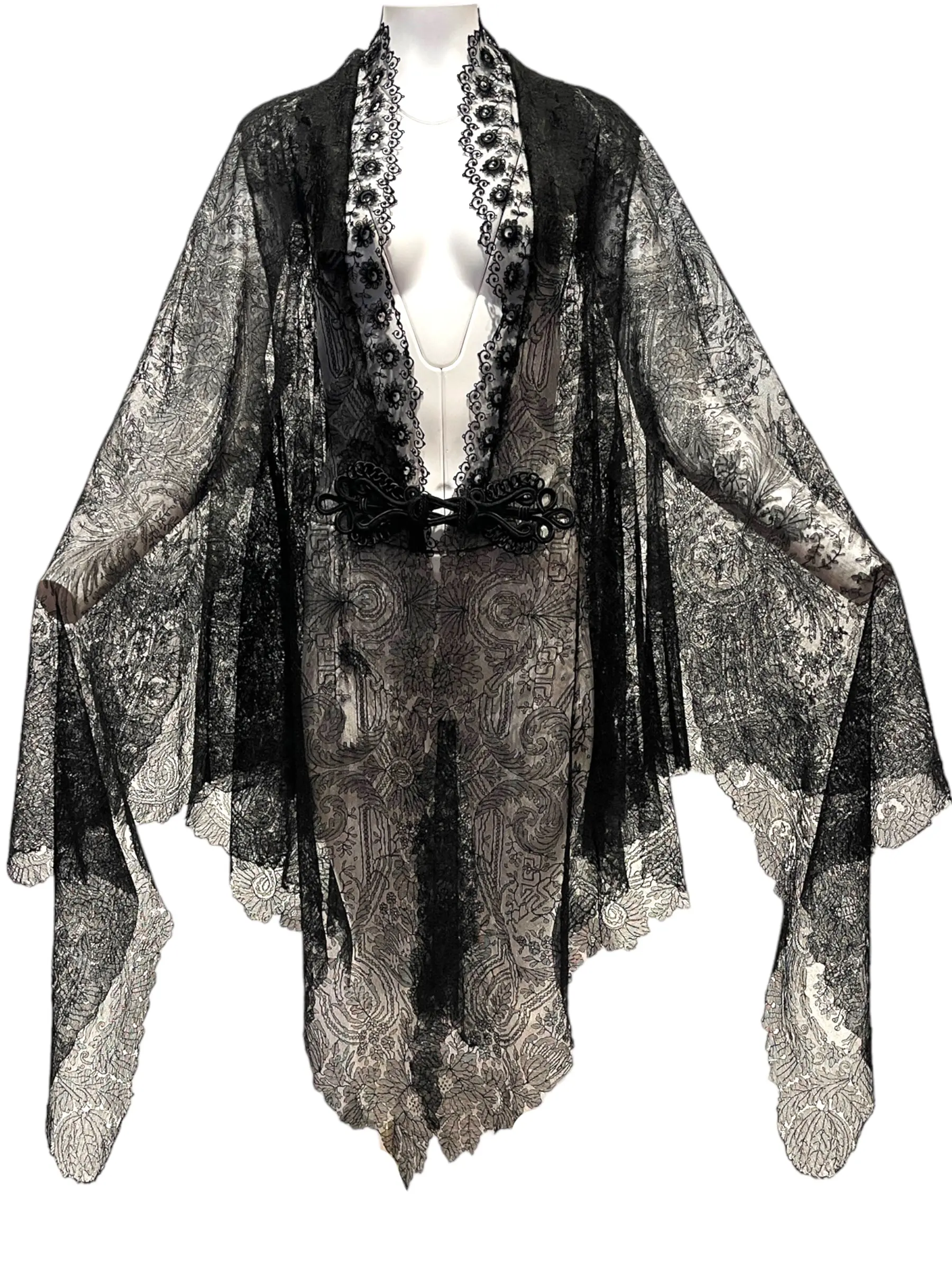 MORPHEW ATELIER Black Antique Silk Chantilly Lace Caped Duster