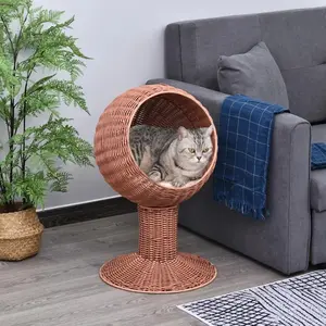 Elevated Cat  with Rotatable Egg Chair Pod, Cat Basket  with Thick Cushion, Natural Mat Grass Woven Kitty House Soft Pet Bed