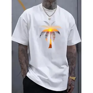 1pc Men'S Summer Casual Cotton T-Shirt with Sunset Coconut Tree Print, Crew Neck, Short Sleeve, Slight Stretch, Regular Fit, Knit Fabric, Alphabet Pattern, Fashionable Athleisure Style for Everyday Wear