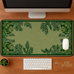 Botanical Desk Mat | Large Gaming Mousepad with Dark Green Leaves, Elegant Plant Lover Office Decor, Nature Aesthetic Workspace