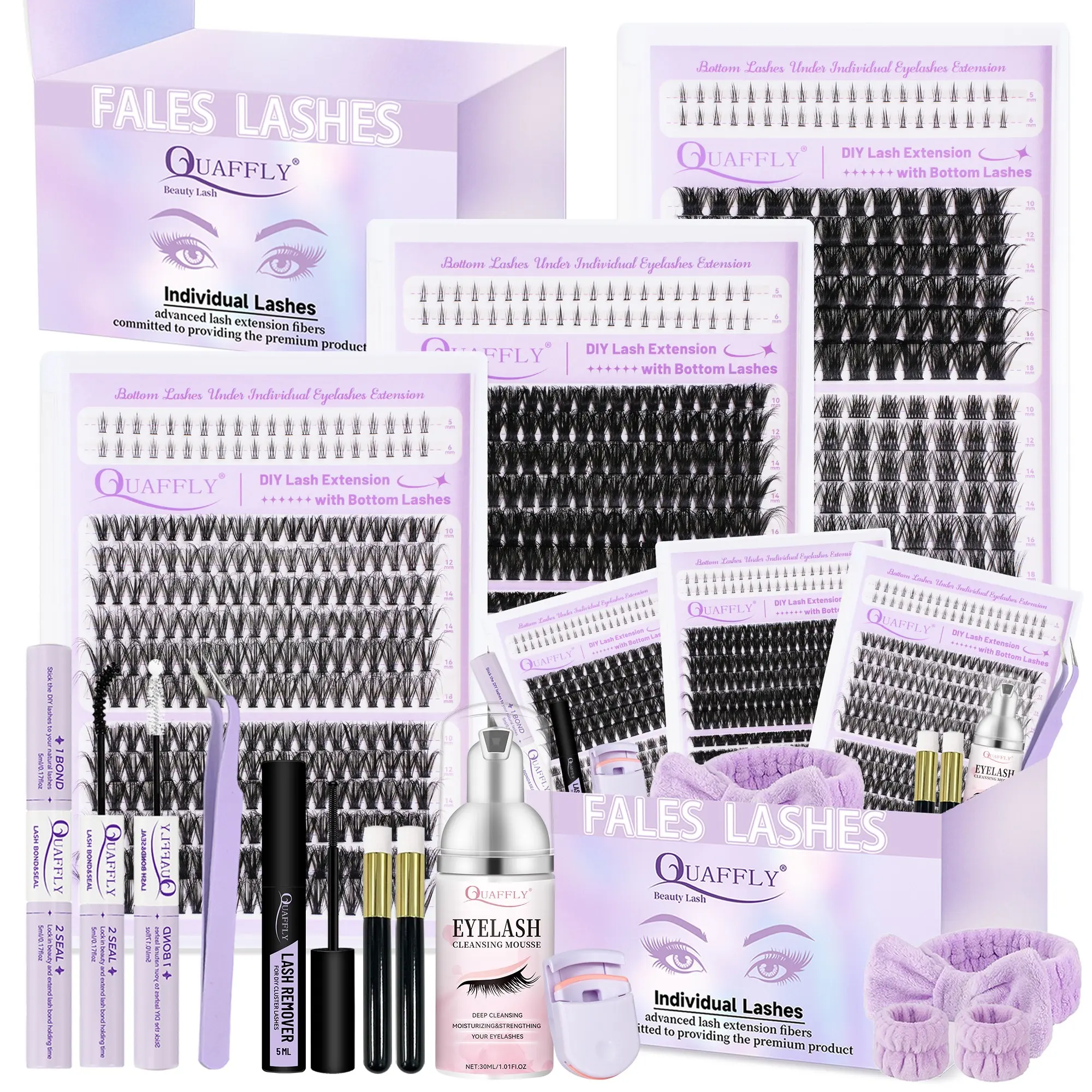 Volume Lash Clusters Kit with Bottom Lashes 10-18MM Individual Lash Extension Kit with Bond and Seal Lash Remover Cleansing Mousse Lash Tweezers brush*2 Headband Wristband DIY at Home for Beginner DIY Eyelash Extensions Eyelash Box Eyelashes Extension Kit