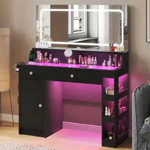 CollaredEagle Vanity Desk Makeup Organizer with LED Mirror Glass Top Storage Adjustable Brightness Power Outlet Modern Furniture for Bedroom Beauty Station summergarden
