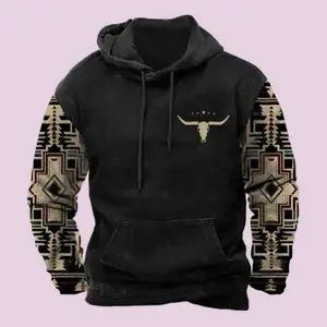 Men's Aztec Hoodie Western Cowboy Hooded Sweatshirt Warm Loose Casual Long Sleeve Drawstring with Pockets Menswear Animal Jeans Joggers