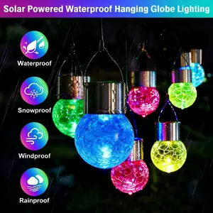 Solar Lanterns Outdoor Waterproof 4-Pack Solar Powered Hanging Lights Cracked Glass Globes for Christmas Decoration Shepherd Hook Garden Tree Ornaments Weatherproof Windproof Sunproof Snowproof Rainproof