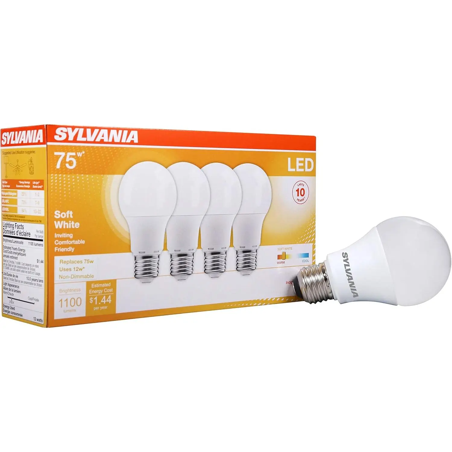 Sylvania A19 LED Bulb - 4-Pack Box, Frosted Glass, 12W Energy Efficient, Replaces 75W, Medium Base, 1100 Lumens, Soft White (78097)