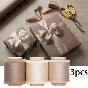 Set of 3 Chiffon Ribbon Silk Satin Ribbon, 5Yards Handmade Frayed Ribbons for Gift Wrapping Crafts Wedding Invitations Flower Bouquet Holiday Decor