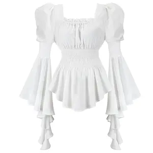 Renaissance Shirt Blouse Off Shoulder Trumpet Long Sleeve Peasant Tops Medieval Victorian Costume 33046-D1