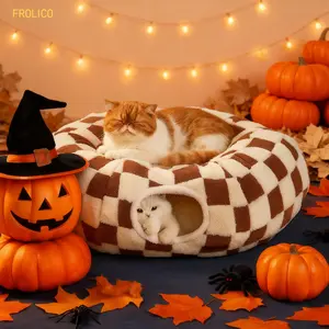 Frolico Cat Tunnel Bed for Indoor Cats - Warm&Cozy Cute Cat Donut Tunnel with Washable Circle Cushion, Round Pet Play Tunnel Toy for Kitten/Puppy/Rabbit, Peekaboo Cave Toy, Cool Cat Stuff, Perfect for Autumn & Winter Calming
