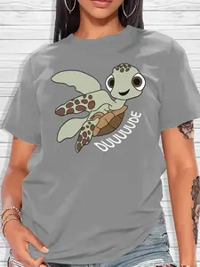 Best-Selling Cartoon Turtle Women's cotton Fitted T-Shirt, Duuuude Pattern Round Neck Short Sleeve, Spring Summer Casual Fashion