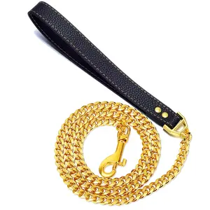 Dog Chain Leash Gold Dog Leash 3FT 4.3FT 18K Gold Stainless Steel 10mm Cuban Link Dog Leash with Comfortable Genuine Leather Handle for Puppy Small Medium Large Dogs