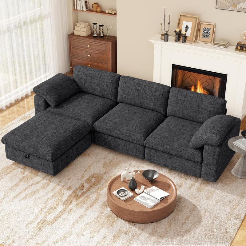 【Shipped in four Packages】118" L Shaped Modular Sectional Sofa, Oversized 3-Seater Convertible Cloud Couch, Modern Chenille Sectional Couches for Living Room, Cream White 1 PCS