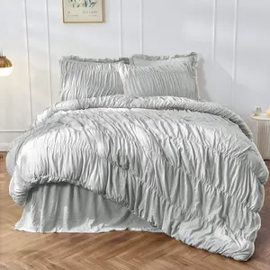 Queen Comforter Set Light Grey Bedding - Ruched Comforter Queen Size Bed Set Boho Comforter 3 Piece Ruffle Comforter Set Pillow Girl Bedding Soft
