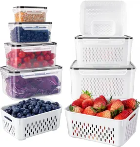 8/10/12 Pcs Large Fruit Containers for Fridge, Stackable Food Storage Containers with Removable Colander, BPA-Free, Airtight Storage Container to Keep Fruits, Vegetables, Berry, Meat Fresh longer