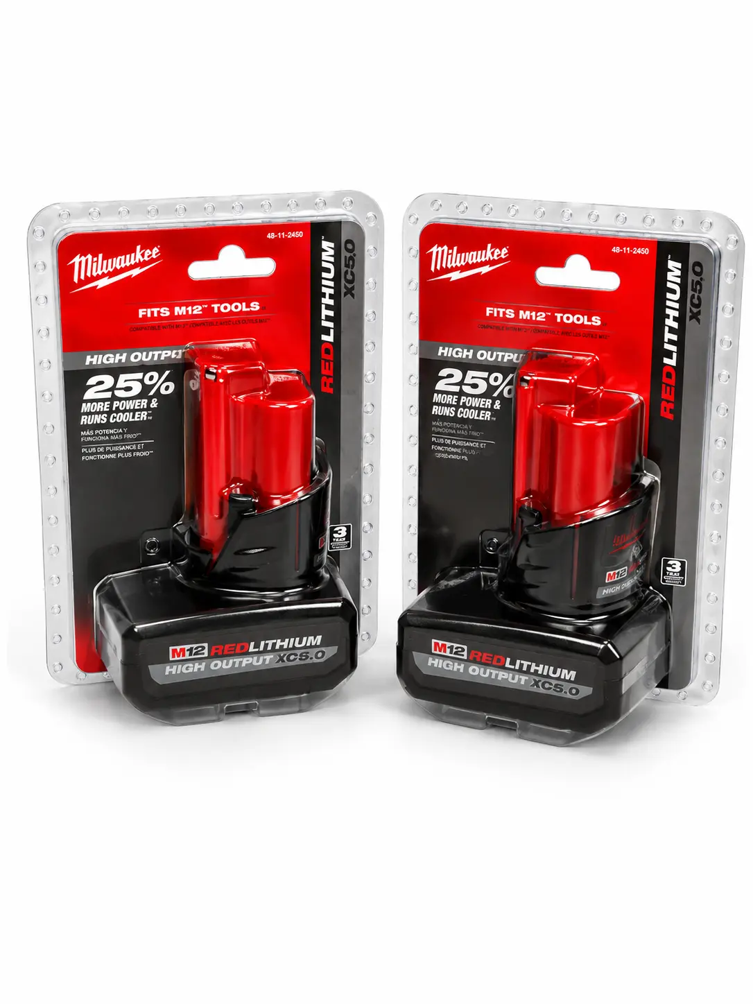Milwaukee 12-volt M12 REDLITHIUM HIGH OUTPUT XC5.0 Cordless Drill Battery 2-Pack (48-11-2450) - Genuine OEM Durable Lithium Replacement Battery, Runs Cooler, High Capacity Cordless Tool Accessory, Fits All M12 Power Tools