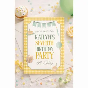 Seventh Birthday Invitation Printed Yellow Gingham Party Invite Sage Green 7th Birthday Card 5x7 Premium Cardstock Smooth Matte Finish