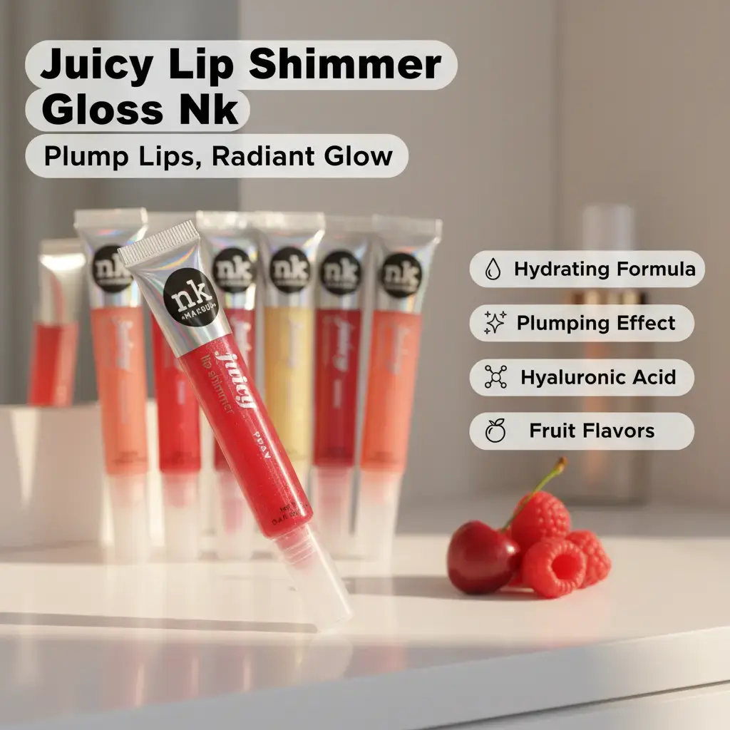 NK Makeup Juicy Lip Shimmer Hydrating Plumping Gloss with Radiant Shine & Hyaluronic Acid for Fuller Lips - Cherry, Raspberry, Cotton Candy Flavors