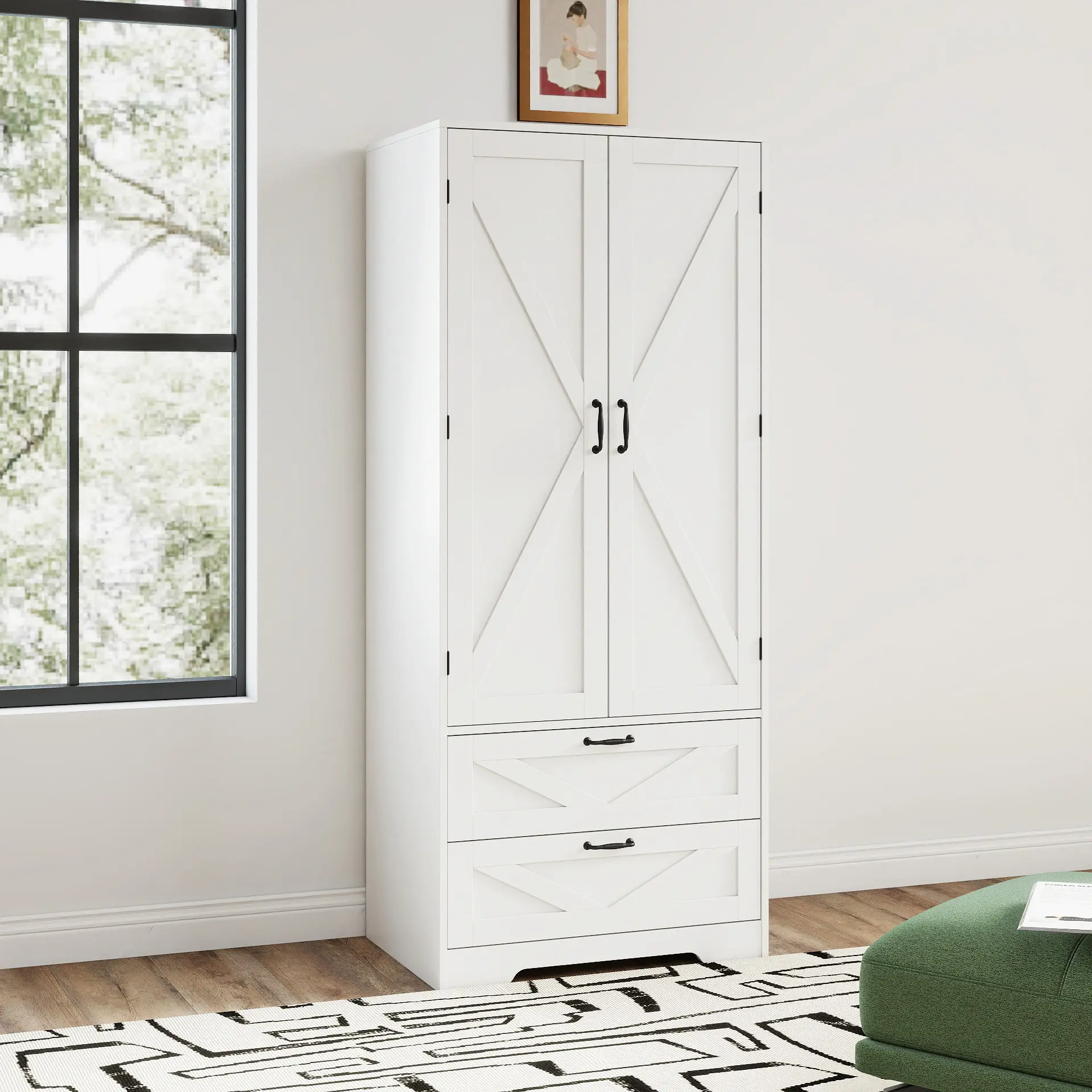 Wooden Armoire Wardrobe Closet, 65.3" Indoor Clothing Storage Cabinet with 2 Doors, 2 Drawers and Hanging Rod for Bedroom, Cloak Room