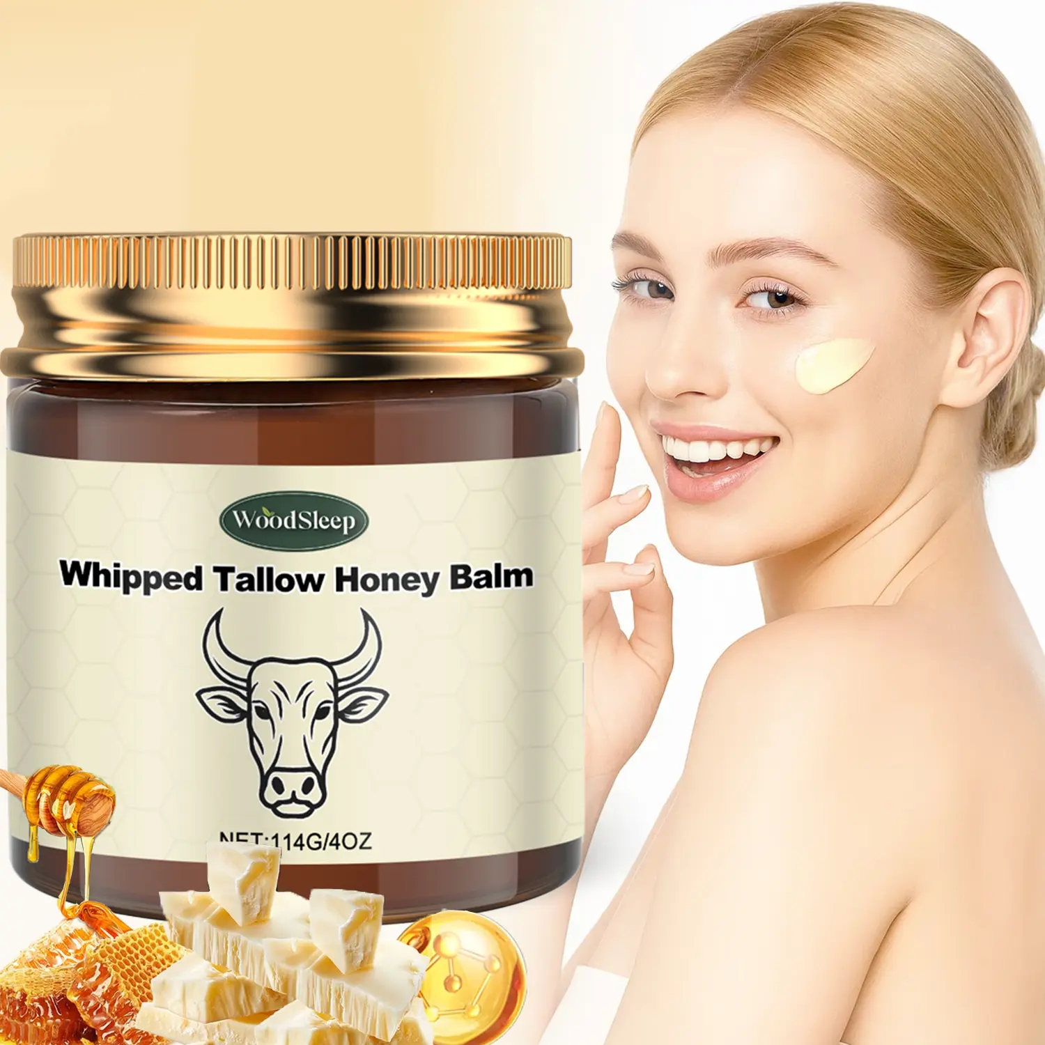 Whipped Beef Tallow Honey Balm, Grass-Fed Beef Tallow & Raw Honey Blend, Natural Face & Body Moisturizer, Deeply Hydrating and Nourishing for Dry Skin, Light Scent, Body Care, Honey Balm Body Butters