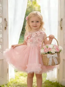 Kids Girl's pink floral dress sweet dress birthday party gift suspender tutu dress