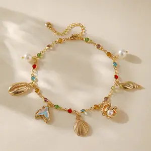 1PC Women Teens Adjustable Boho Ocean Charm Anklet, Gold Tone Alloy with Seashell, Mermaid Tail & Colorful Rhinestone Charms, Summer Beach Vacation Foot Jewelry, Ideal Birthday Mother's Day Gift