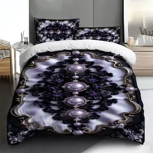 Three-piece bedding set - 2pcs/3pcs 2D Flat black, white and purple 3D floral pattern duvet cover set (1 duvet cover + 1/2 pillowcases, no insert), multi-color printed bedding set, soft and comfortable, suitable for family bedrooms and guest rooms.