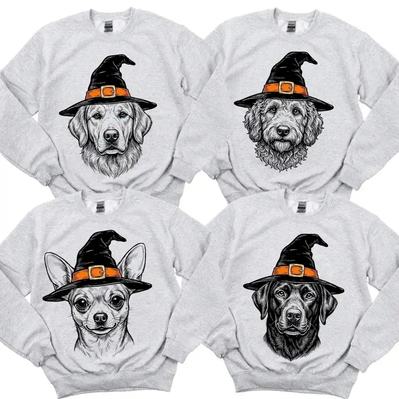 Gildan 18000 Unisex Crewneck Sweatshirt - Halloween Dog Sweatshirt, 50+ Dog Breeds Witch Hat Crewneck, Funny Dog Mom Graphic Sweatshirt, Spooky Season Gift, Cold Wash, Hang Dry Or Tumble Dry On Low,  Fashion, Graphic