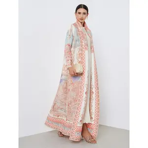 Dubai Style Pastel Vintage Print Plisse Abaya Soft Peach & Blue Landscape Pattern Cardigan Modest Muslim Fashion for Ramadan Eid Elegant Long Sleeve Maxi Robe Light Summer Outwear