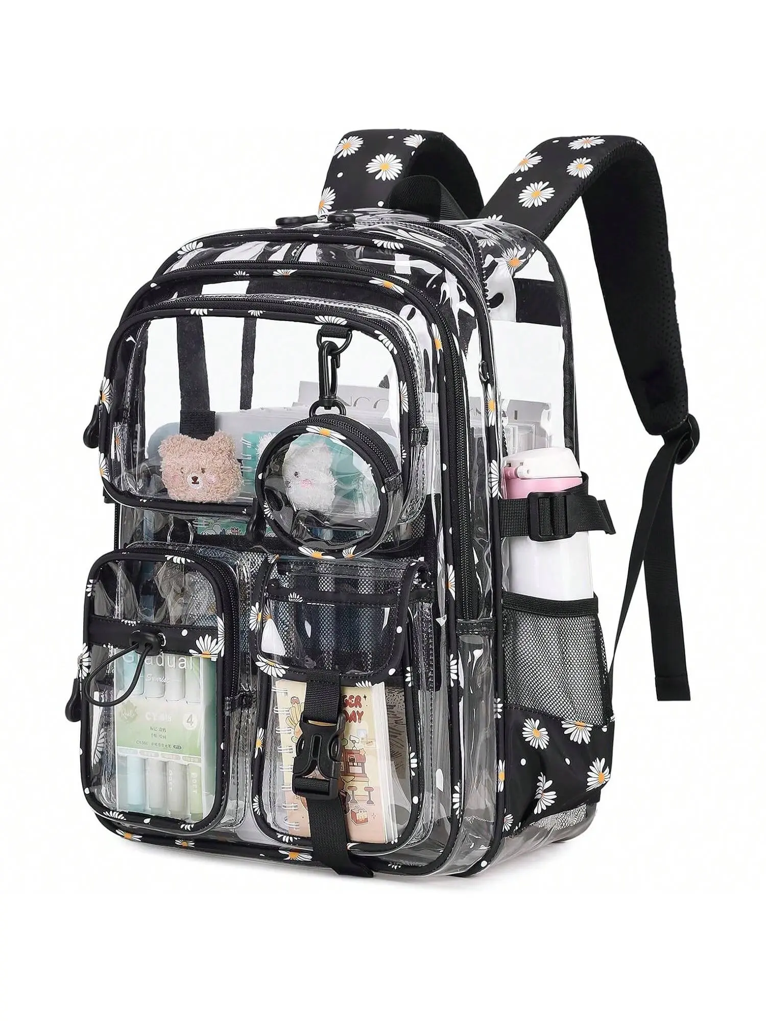 Heavy-duty transparent backpack for leisure, suitable for stadium events, unisex for school, multi-pocket clear backpack, black