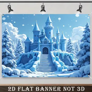 2D Flat Banner, 1pc Enchanting Winter Castle Party Backdrop - Durable Polyester, Snow-Covered Trees & Frozen River Scene, Ideal for Birthday Photo Booths, Weddings & Seasonal Decorations, Winter Wonderland Decorations