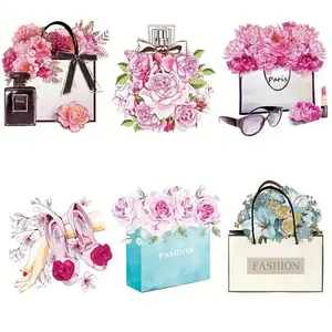 6-Piece Set Fashion Flower Patch DIY Washable T-Shirt Heat Transfer Stickers Pink Perfume Iron-On Decoration Patches
