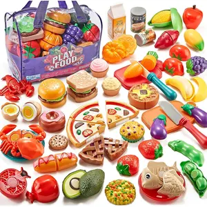 Pretend Play Food for Kids Kitchen - 81Pc Cutting Toy Food with Storage Bag, Food Toys with Veggies, Fruits, Fake Food with Pizza Toy, Pretend Food, Play Kitchen Accessories, Boys Girls Gift