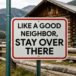8*12 Inch Funny Warning Vintage Metal Sign, 2D Flat Decorative Plaque With Slogan Like A Good Neighbor Stay Over There, Rustic Fence Yard Wall Art for Home Property Outdoor Farmhouse Decor