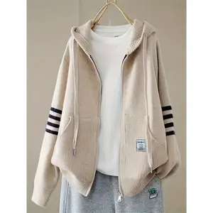 Women's clothing [Plus Size Hoodie] Cozy plus-size zip-up hoodie sweater | Beige with black stripes, fall and winter wear, casual style, comfortable clothing