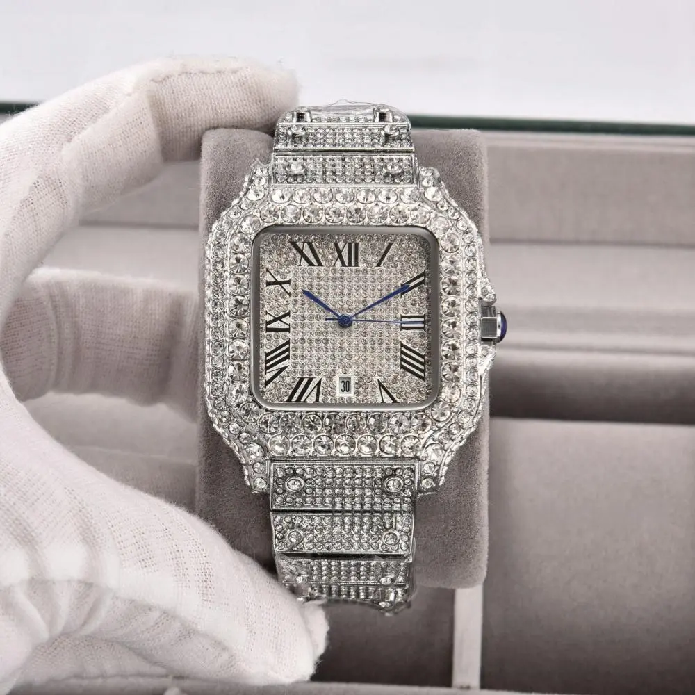 Elegant Silver Square Wristwatch, Unisex Luxury Analog Watch Fully Encrusted with Zircon, Roman Numeral Dial with Date, Hypoallergenic for Watch Party, Elegant Wristwatch