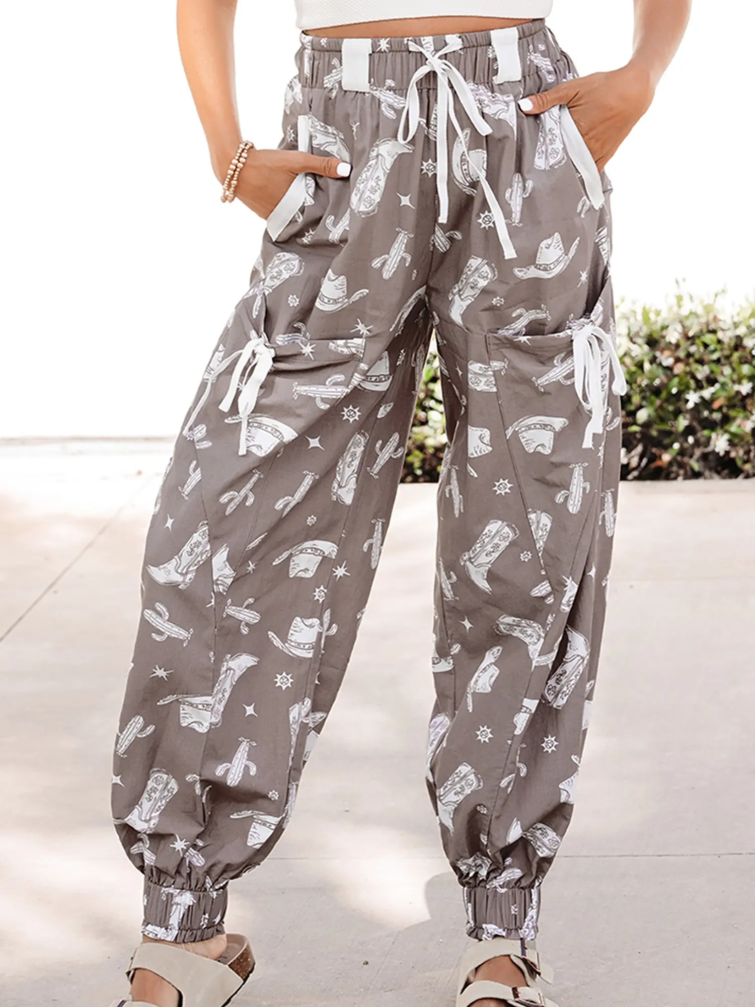 Western Cactus Cowgirl Hat Boot Printed Vintage Drawstring Jogger Pants,  Featuring Western-Motif Prints, Color Block Details, and Ties.