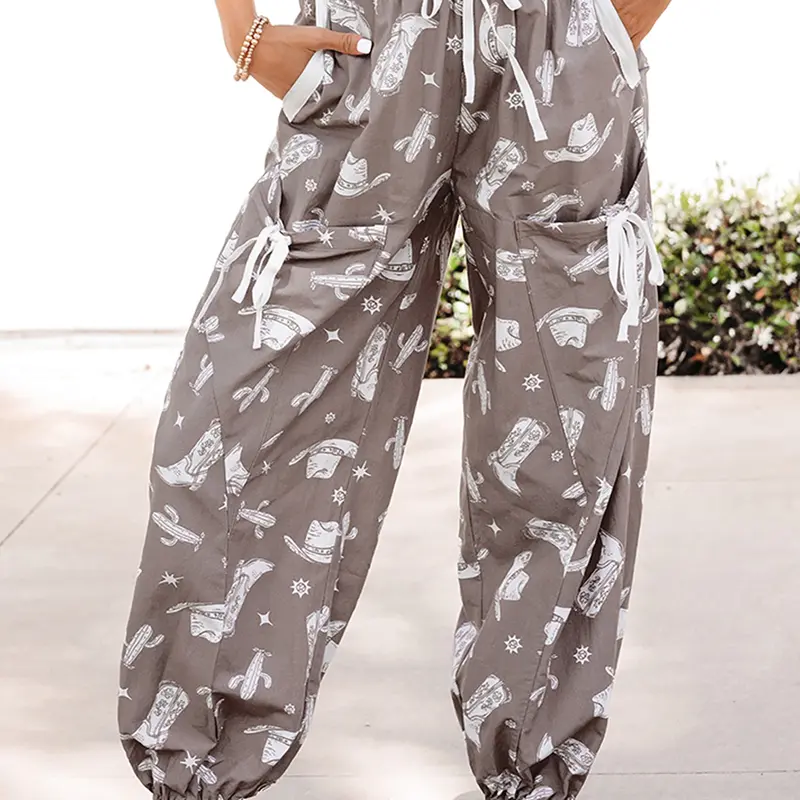 Western Cactus Cowgirl Hat Boot Printed Vintage Drawstring Jogger Pants,  Featuring Western-Motif Prints, Color Block Details, and Ties.