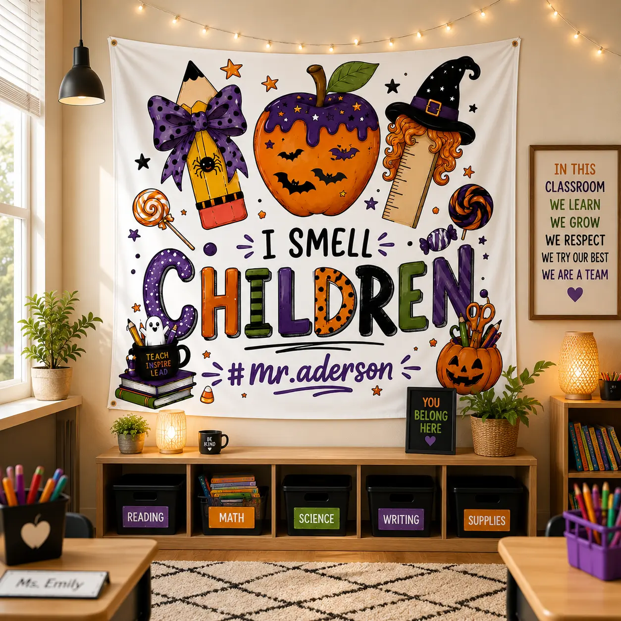 Personalized Teacher Halloween Tapestry, Custom Name I Smell Children Wall Hanging, Spooky Classroom Decor, Teacher Gift